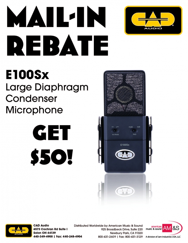 Get a $50.00 rebate with the purchase of a new CAD Audio E100Sx microphone