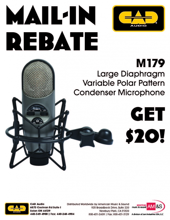 Get a $20.00 rebate with the purchase of a new CAD Audio M179 microphone